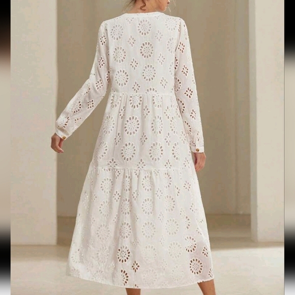 Women Button Front Long Sleeve Embroidery Midi Dress - Picture 2 of 4